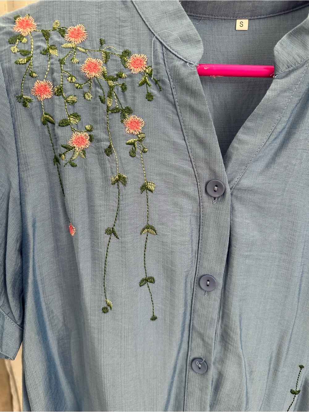 Light Blue Embroidered Button-Up Top with Pink Floral Detail